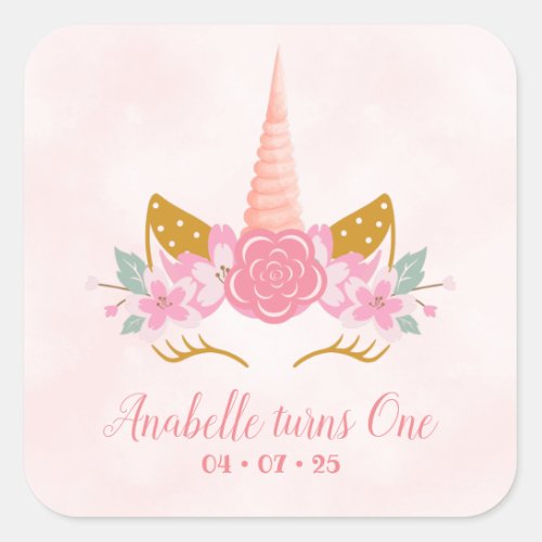 Whimsical Blush Pink Unicorn First Birthday Square Sticker