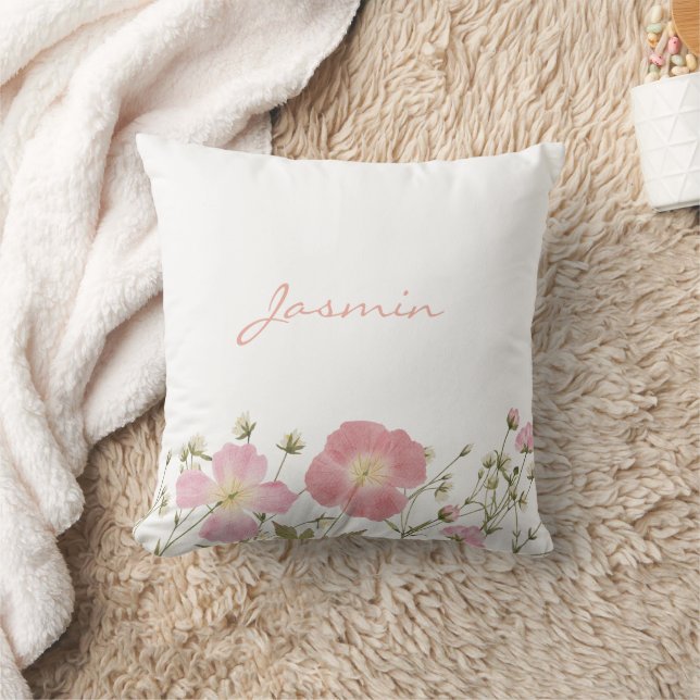 Whimsical Blush Pink Wildflowers Name Throw Pillow (Blanket)