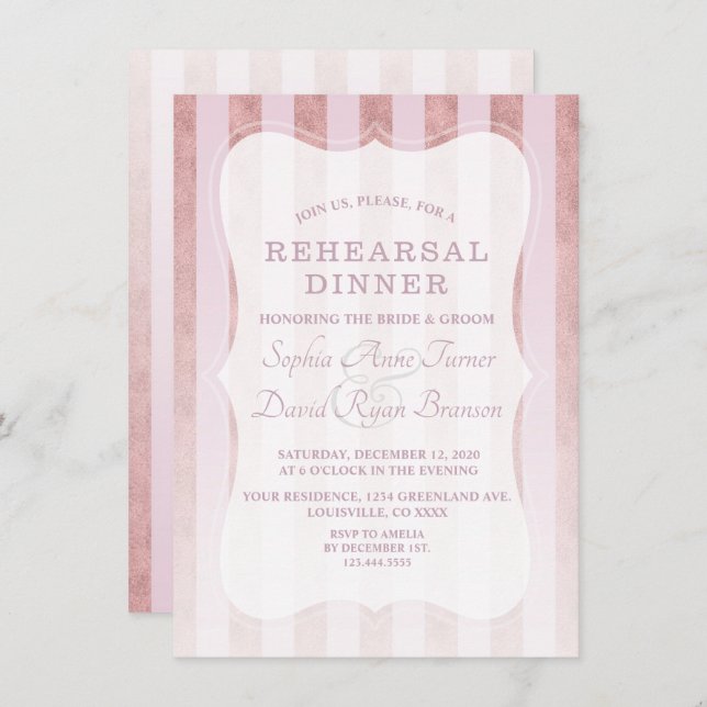 Whimsical Blush Rose Gold Stripes Rehearsal Dinner Invitation (Front/Back)