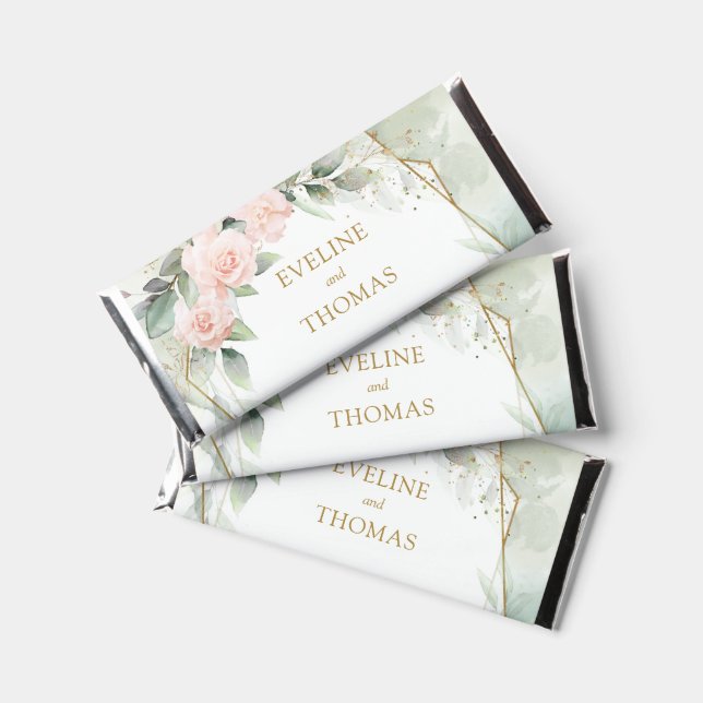 Whimsical blush roses eucalyptus gold wedding hershey bar favors (Front)