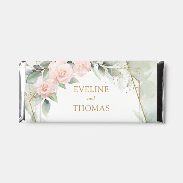 Whimsical blush roses eucalyptus gold wedding hershey bar favors (Front)