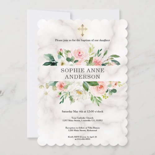 Whimsical Blush White Flowers Cross Girl Baptism Invitation