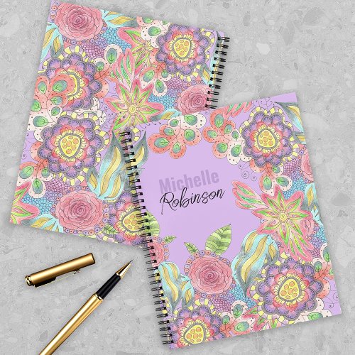 Whimsical Bohemian Colorful Flowers on Purple Notebook