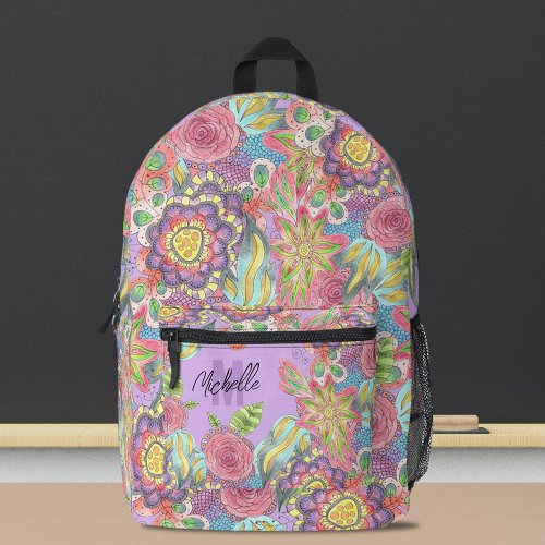 Whimsical Bohemian Colorful Flowers on Purple Printed Backpack