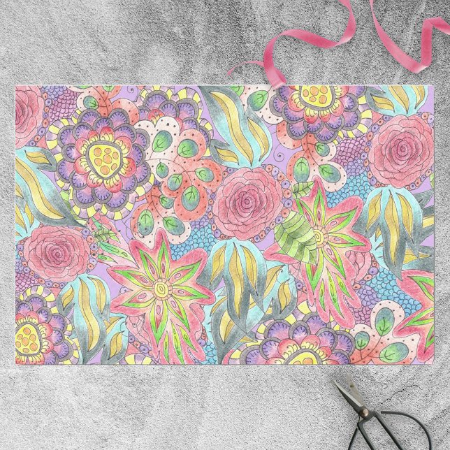 Whimsical Bohemian Colorful Flowers on Purple Tissue Paper (Creator Uploaded)