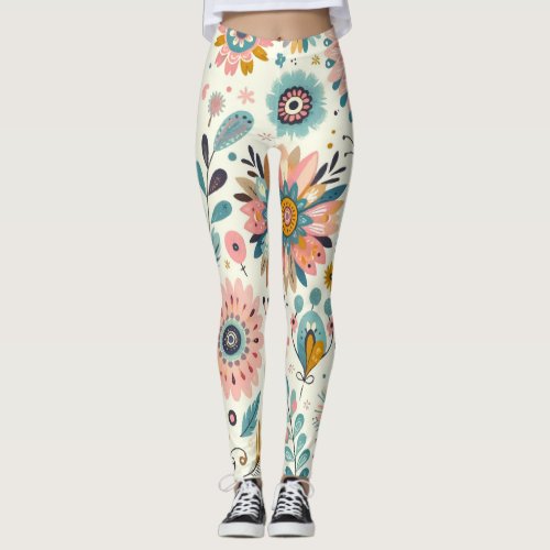 Whimsical Bohemian Feathers and Flowers Leggings