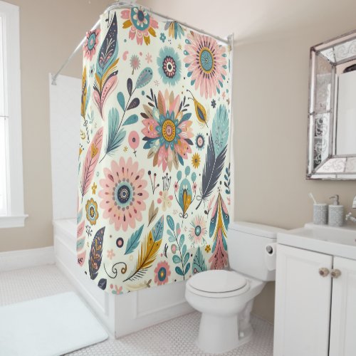 Whimsical Bohemian Feathers and Flowers Shower Curtain