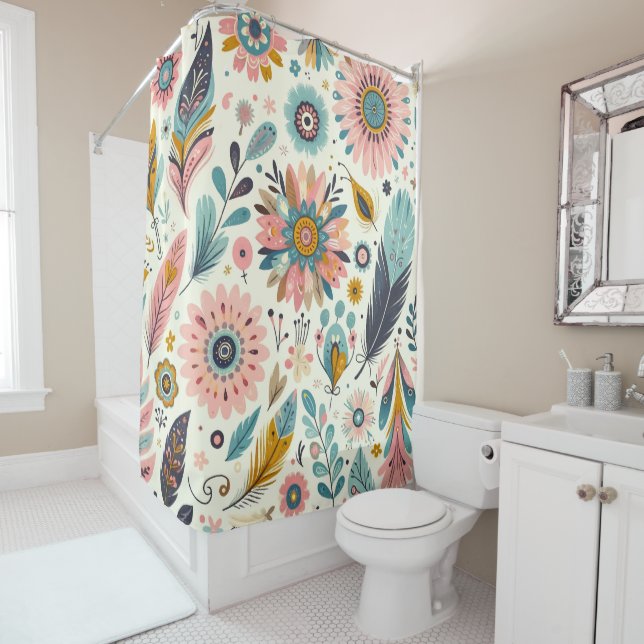 Whimsical Bohemian Feathers and Flowers Shower Curtain (In Situ)