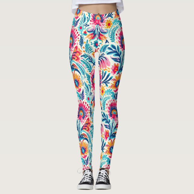 Whimsical Bohemian Floral Overscaled Print Leggings (Front)