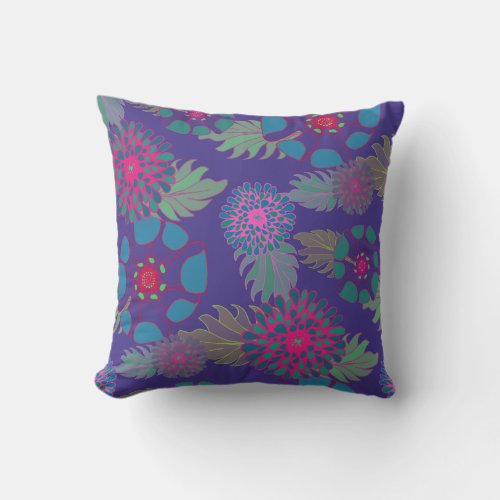 Whimsical Bohemian Floral Pattern Purple Throw Pillow