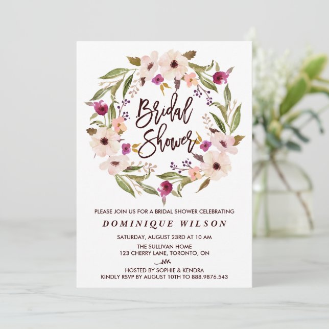 Whimsical Bohemian Floral Wreath Bridal Shower Invitation (Standing Front)
