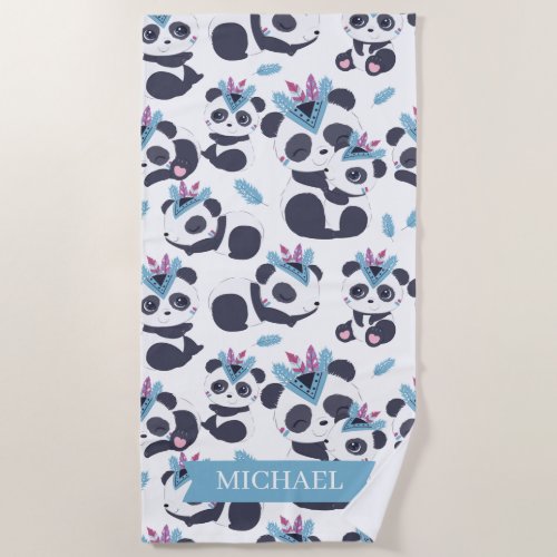 Whimsical Bohemian Panda Pattern Custom Name Beach Towel