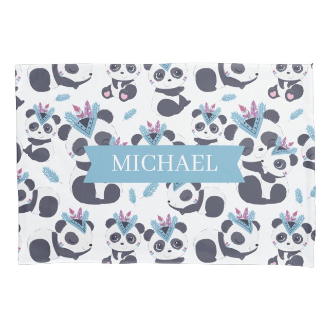 Whimsical Bohemian Panda Pattern Custom Name Pillow Case (Front)