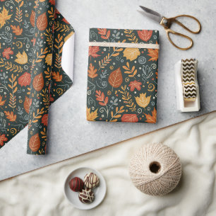 Whimsical Boho Autumn Leaves on Black Wrapping Paper