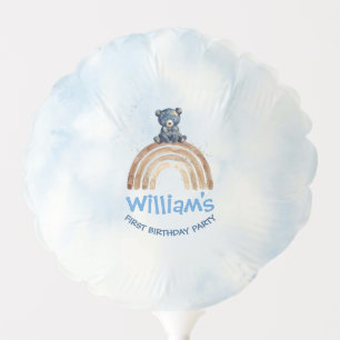 Whimsical Boho Bear Birthday Blue Beige Rainbow Balloon