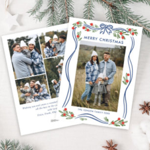 Whimsical Boho Blue Christmas Bow Ribbon 5 Photo Holiday Card