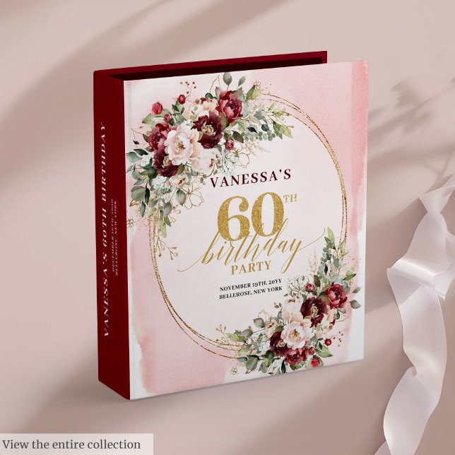 Whimsical Boho Blush Burgundy Gold 60th Birthday 3 Ring Binder (Whimsical Boho Blush Burgundy Gold 60th Birthday 3 ring binder )