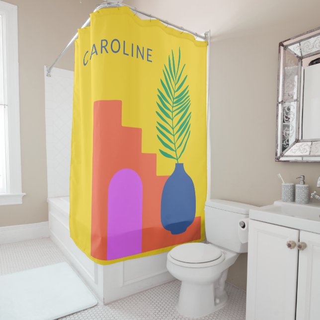 Whimsical Boho Botanical Shapes Personalized Name  Shower Curtain (In Situ)