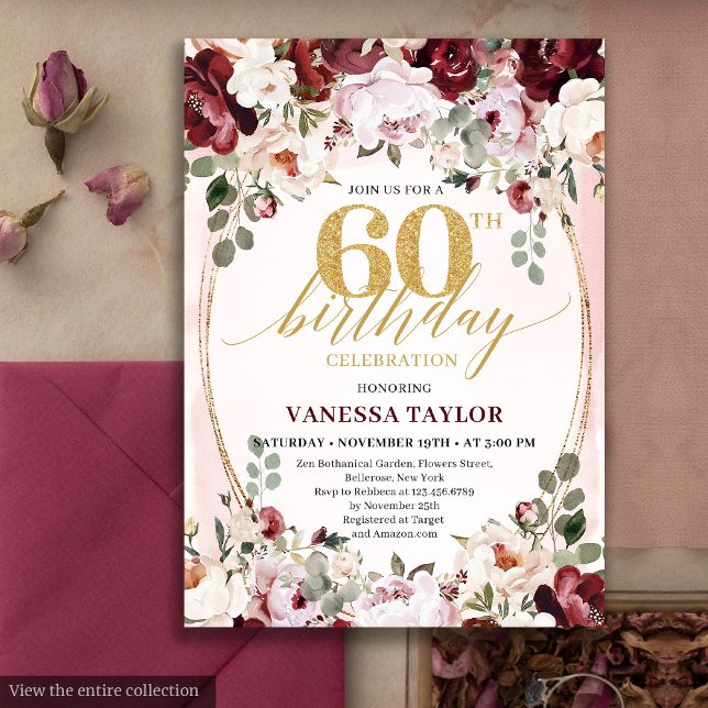 Whimsical Boho Burgundy Floral 60th Birthday Card (Whimsical Boho Burgundy Floral 60th Birthday)