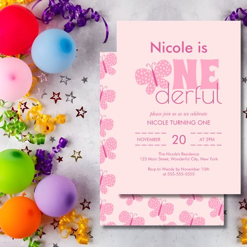 Whimsical Boho Butterfly Retro 1st Birthday Pink Invitation