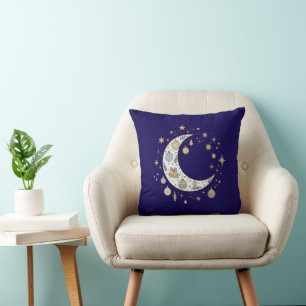 Whimsical Boho Celestial Christmas Moon & Stars Throw Pillow