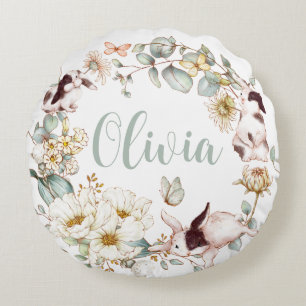 Whimsical Boho Chic Bunny Rabbit Botanical Floral  Round Pillow