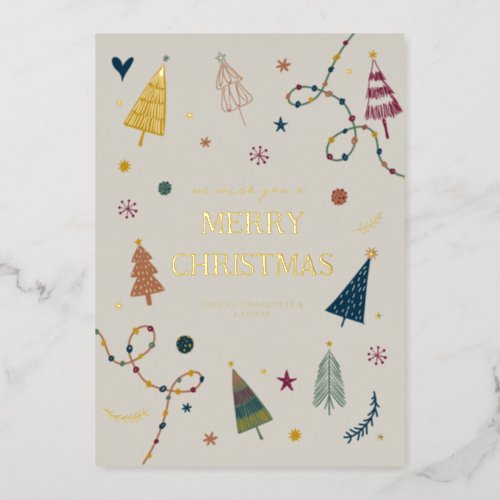 Whimsical Boho Christmas Trees Gold Holiday Card