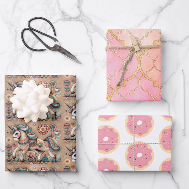 Whimsical Boho Decorative Unicorn Donut Wrapping Paper Sheets (Front)