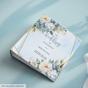 Whimsical Boho Dusty Blue Flowers and Gold Glitter 3 Ring Binder