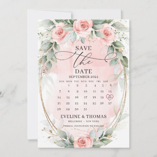 Whimsical boho dusty pink roses and eucalyptus  save the date
