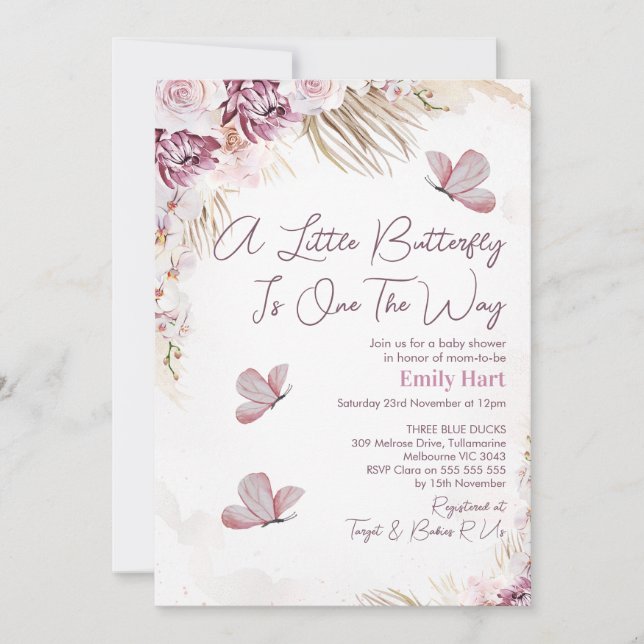 Whimsical Boho Floral Butterfly Baby Shower Invitation (Front)