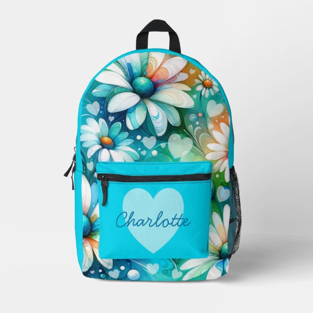 Whimsical Boho Floral Daisy Hearts Valentines Gift Printed Backpack (Front)