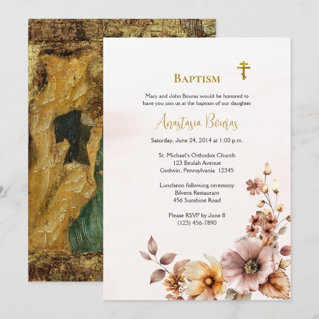 Whimsical Boho Flowers Orthodox Christian Baptism Invitation (Front/Back)
