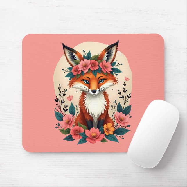 Whimsical Boho Fox with Floral Crown Woodland Art Mouse Pad (With Mouse)