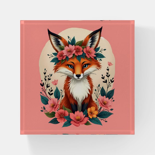 Whimsical Boho Fox with Floral Crown Woodland Paperweight (Front)