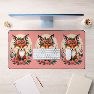 Whimsical Boho Fox with Floral Crown Woodland Pink Desk Mat