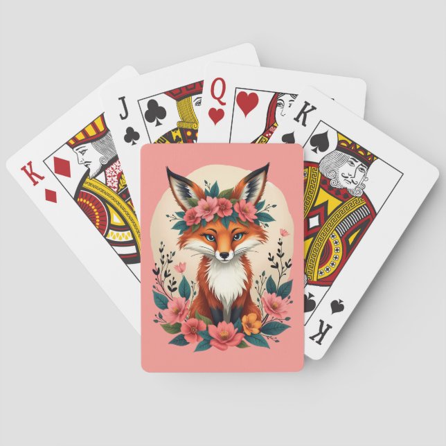Whimsical Boho Fox with Floral Crown Woodland Poker Cards (Back)