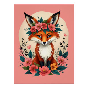 Whimsical Boho Fox with Floral Crown Woodland Poster