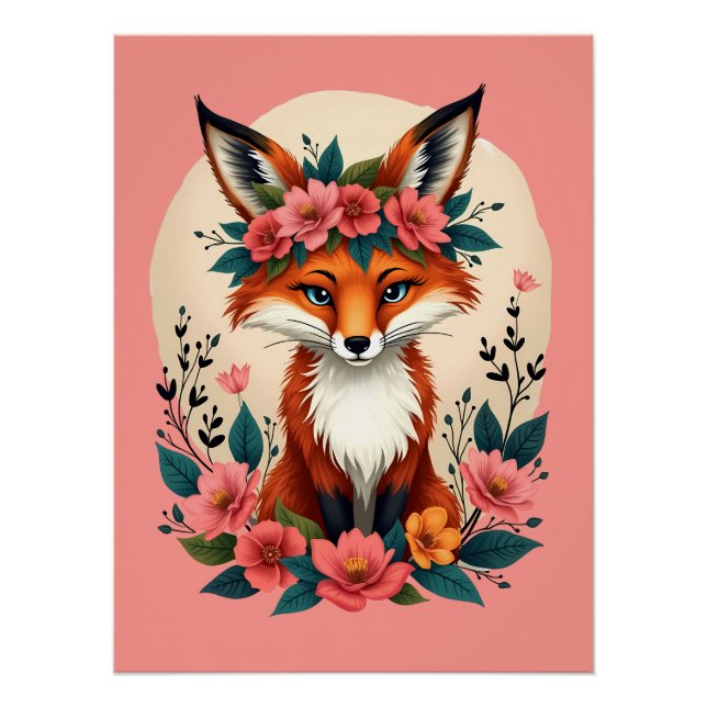 Whimsical Boho Fox with Floral Crown Woodland Poster (Front)