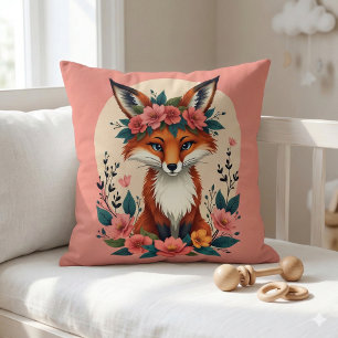 Whimsical Boho Fox with Floral Crown Woodland Throw Pillow