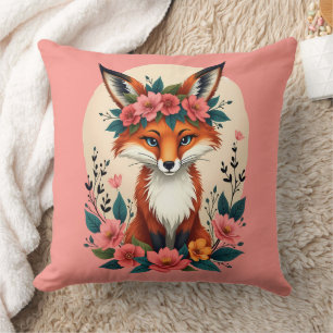 Whimsical Boho Fox with Floral Crown Woodland Throw Pillow