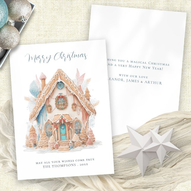 Whimsical Boho Gingerbread House Merry Christmas Holiday Card (Front and Back View)