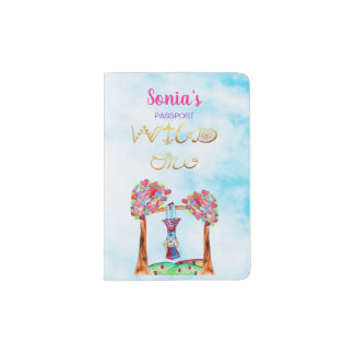 Whimsical Boho Gold Purple Pink Girl Watercolor Passport Holder