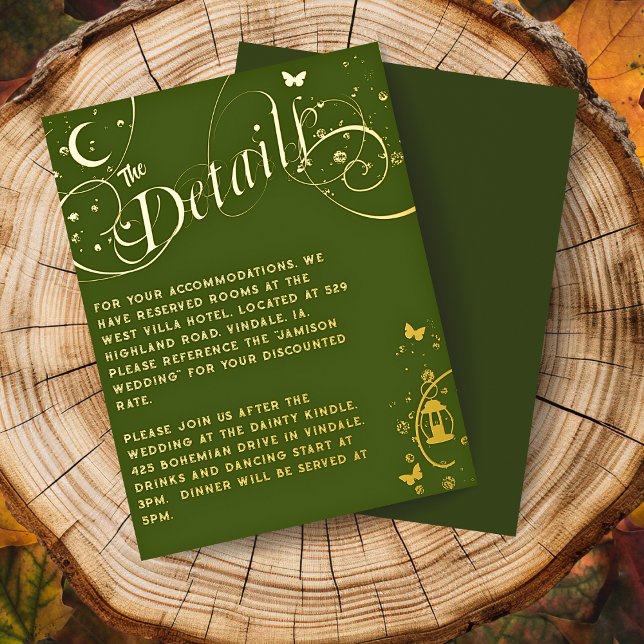 Whimsical Boho Green Gold Foil Wedding Detail Card (Whimsical Green and Gold Boho Fairycore Wedding Details Card with Calligraphy Script and Gold Foil)