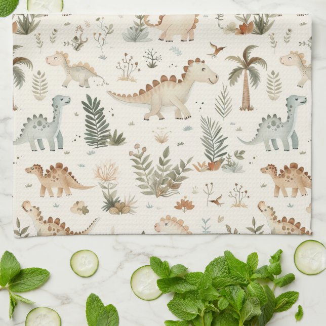 Whimsical Boho Jungle Dinosaur Pattern Kitchen Towel (Folded)