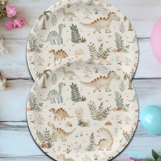 Whimsical Boho Jungle Dinosaur Pattern Paper Plates (Creator Uploaded)