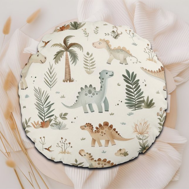 Whimsical Boho Jungle Dinosaur Pattern Round Pillow (Creator Uploaded)