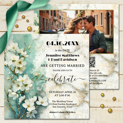 Whimsical Boho Marble Floral All in One Wedding Invitation