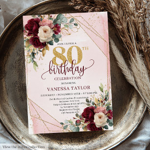 Whimsical Boho Merlot Gold Flowers 80th Birthday Invitation