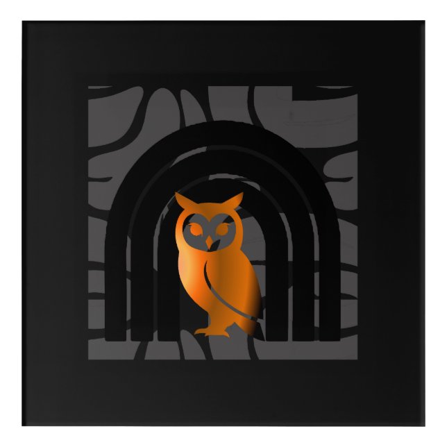 Whimsical Boho Owl & Tropical Monstera Leaf Acrylic Print (Front)